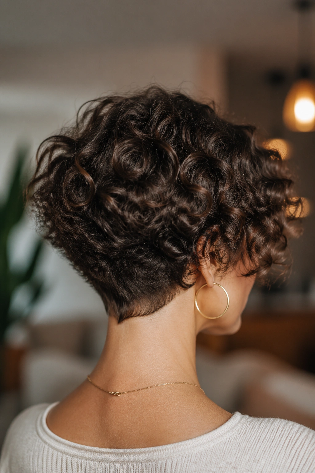 Back/top view of a real woman with a stacked curly bob showing crown lift