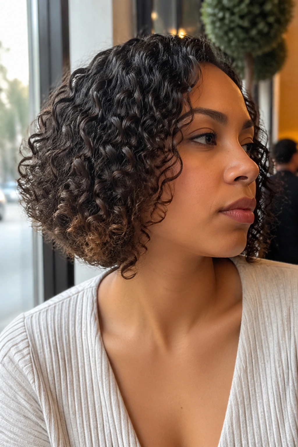 Close-up of Curly Bob Tuck-In showing tucked extensions under a curly bob.