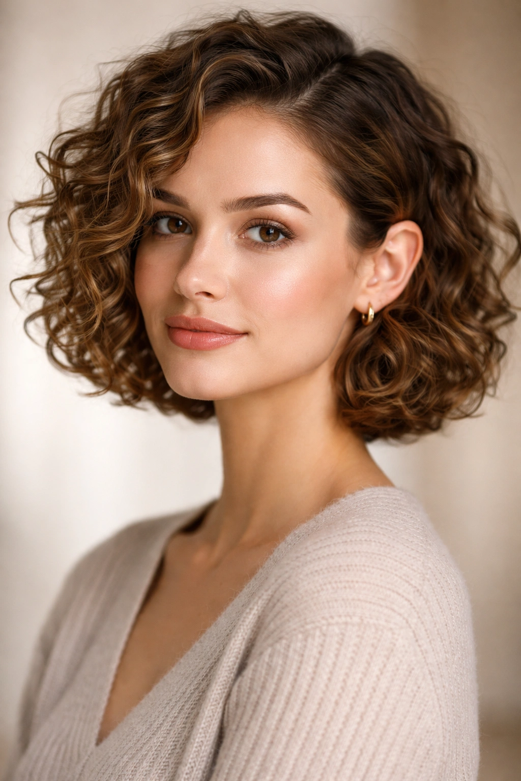 Curly bob tucked behind one ear showing asymmetrical volume