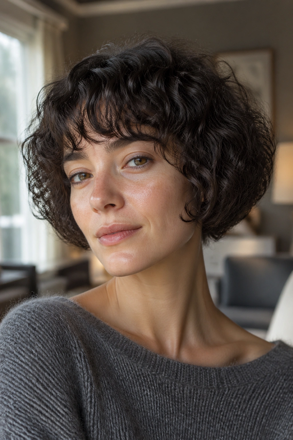 Close-up portrait of a real woman with a curly bowl bob and round crown