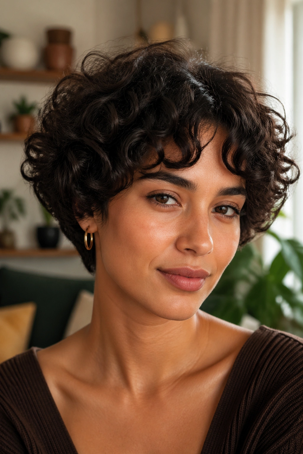 Close-up portrait of a real woman with Curly Bowl Crop With Split Fringe hairstyle in a cozy indoor setting