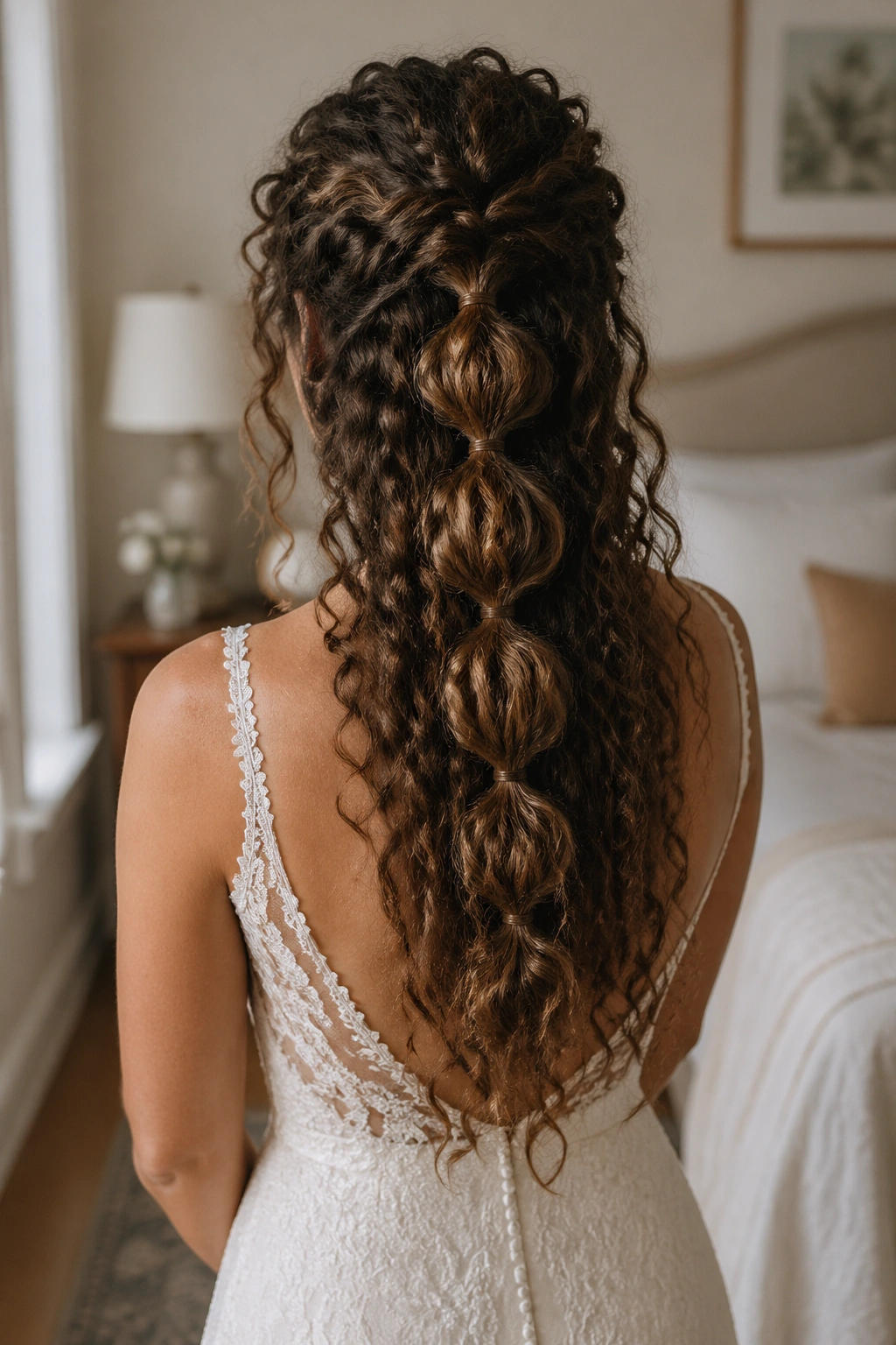 Back view of bride with curly bubble half-up ponytail