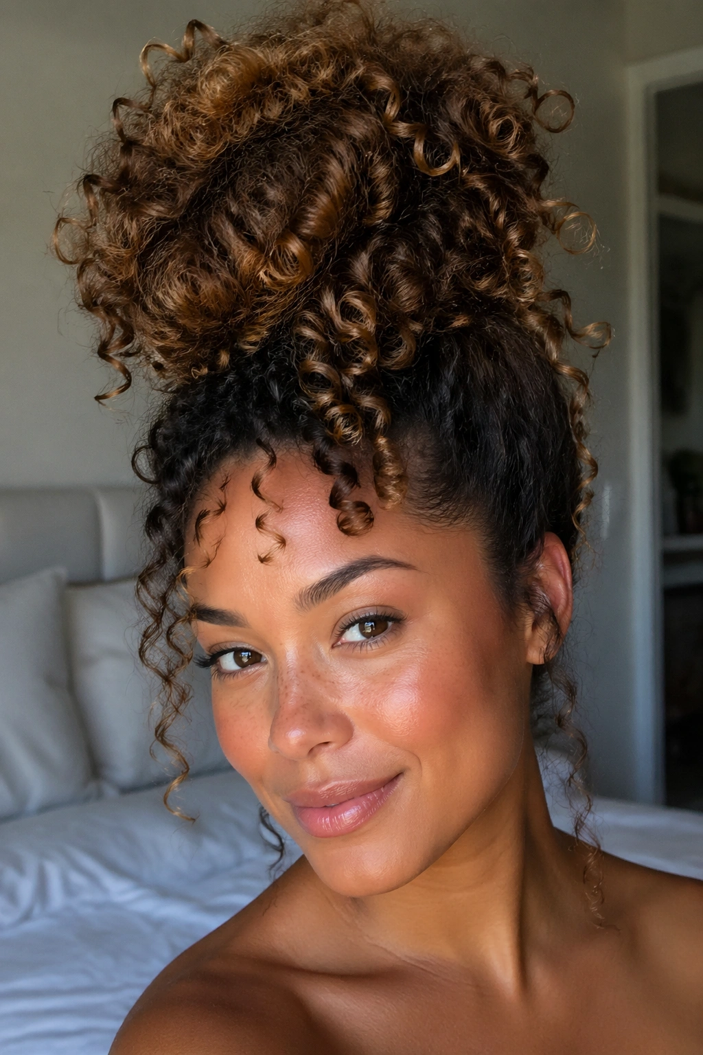 Close-up of a real woman with a crown-height curly pineapple bun