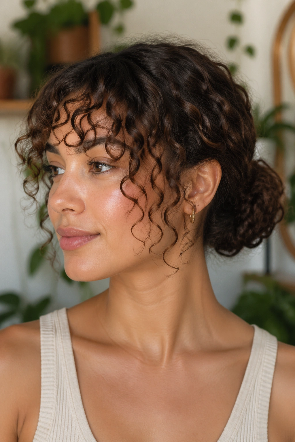 Close-up of a real woman with curly bangs and bun in a softly lit room