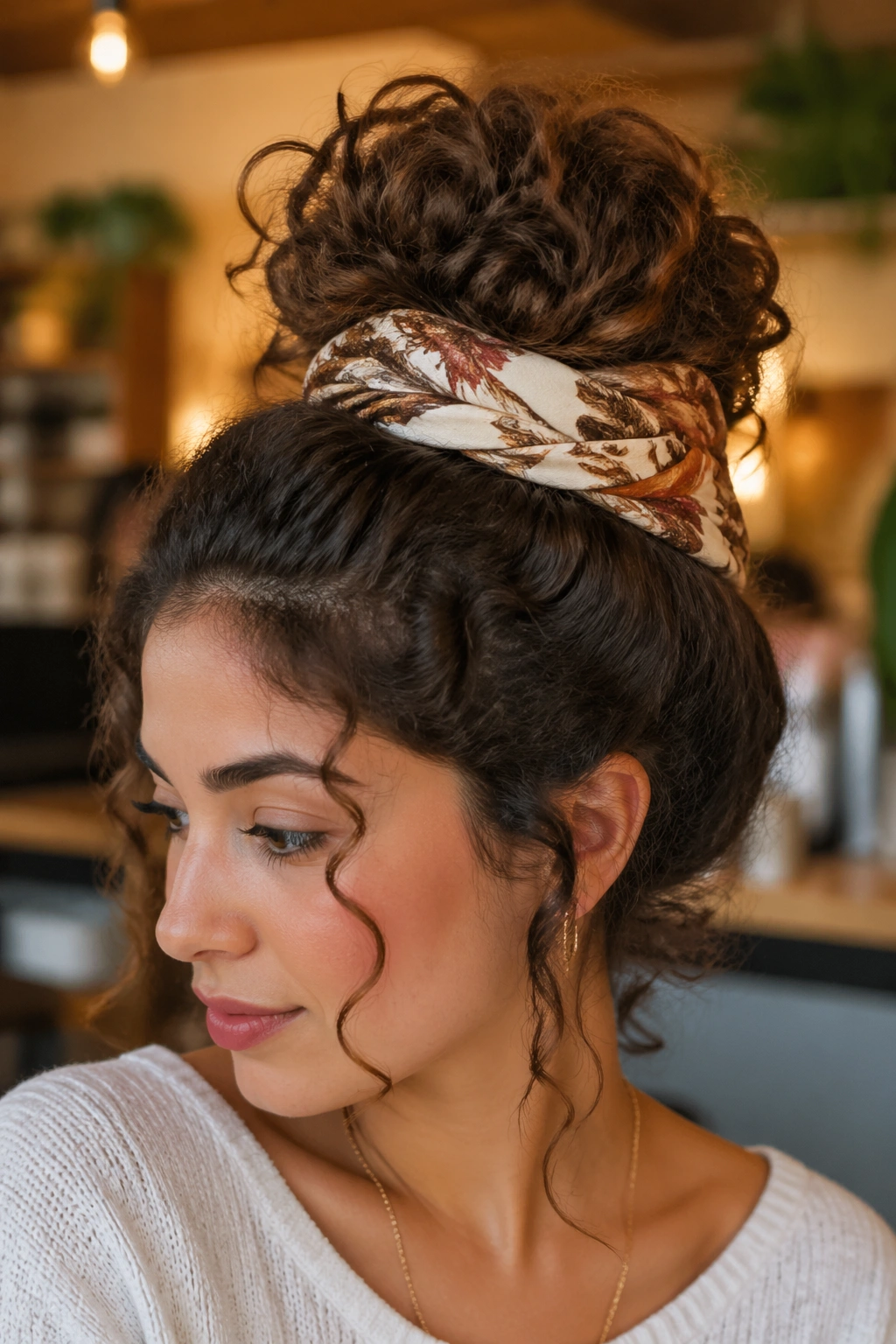 Close-up of a real woman with a scarf-wrapped curly bun in a warm cafe setting