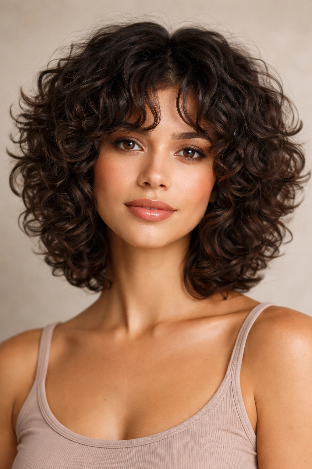Curly butterfly cut bob showing natural texture and crown lift