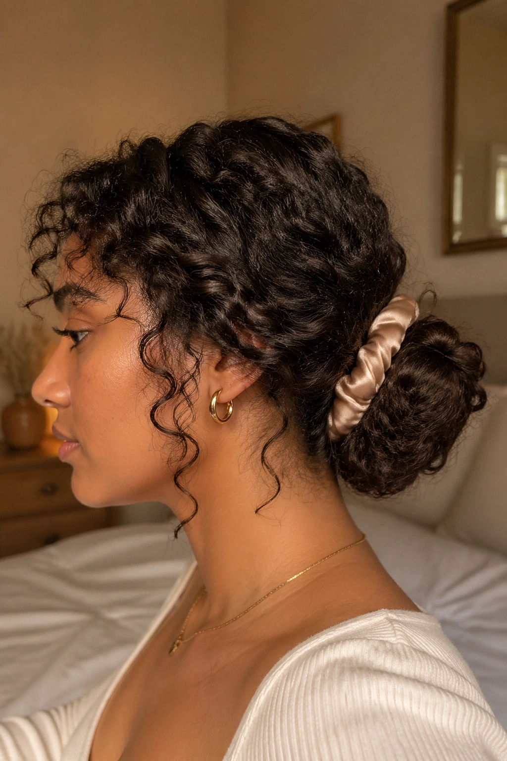 Close-up of real woman with curly chignon at the nape