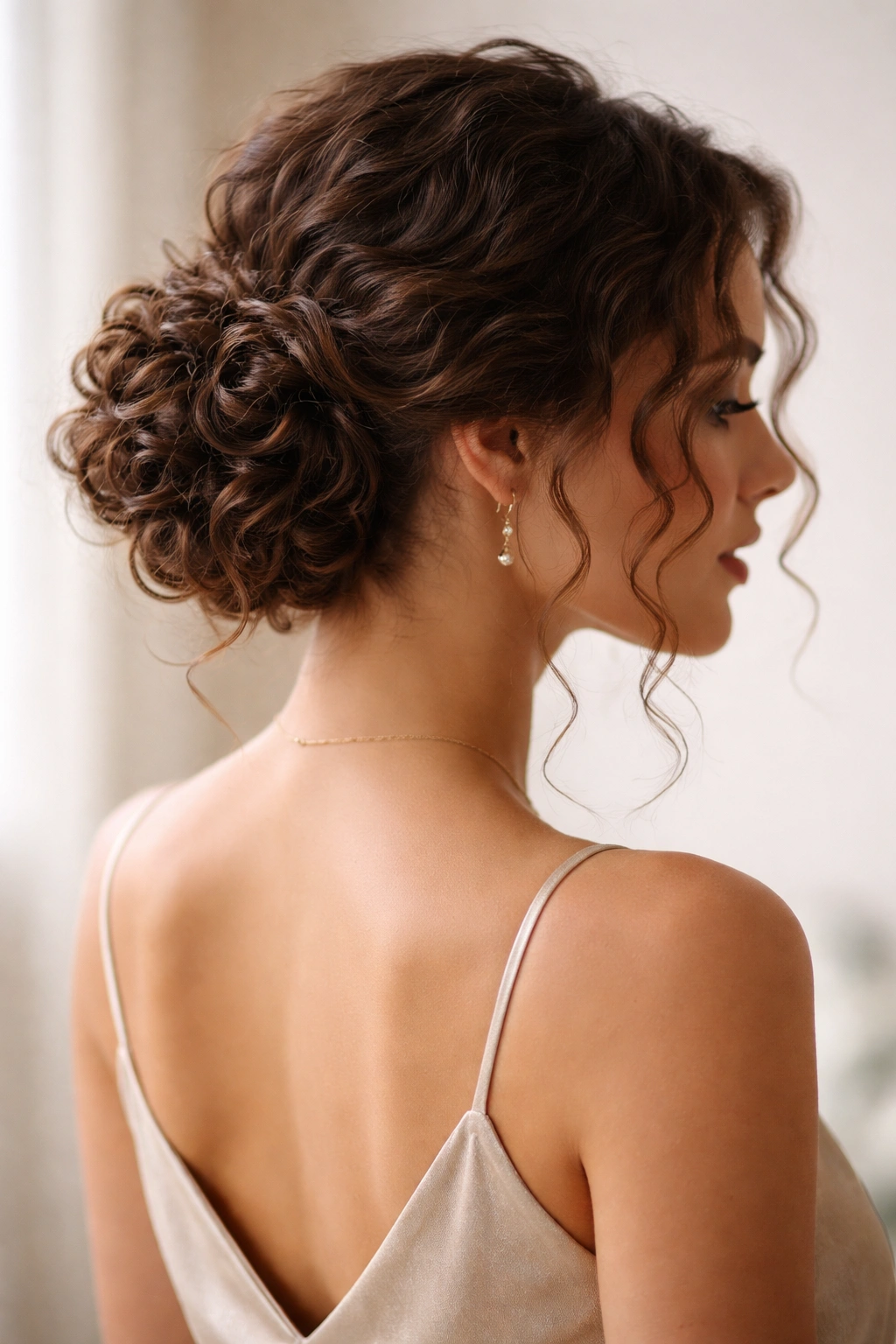 Low curly chignon with visible curls and soft framing tendrils