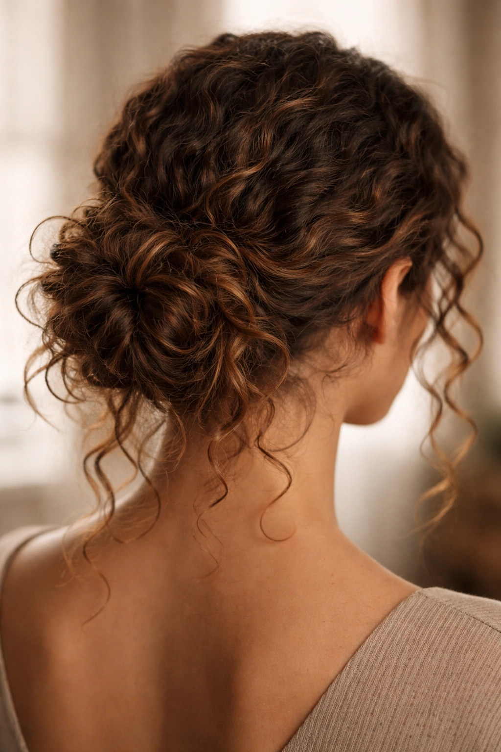 Curly chignon at nape with loose ends showing texture around edges