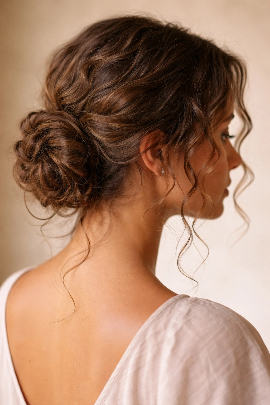 Close-up of a low curly chignon with tendrils softly framing the face