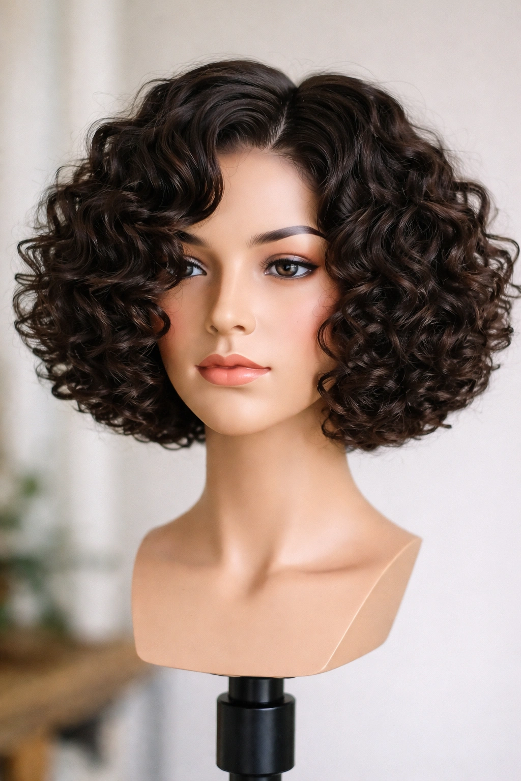 Curly chin-length bob with defined curls and balanced weight in a studio
