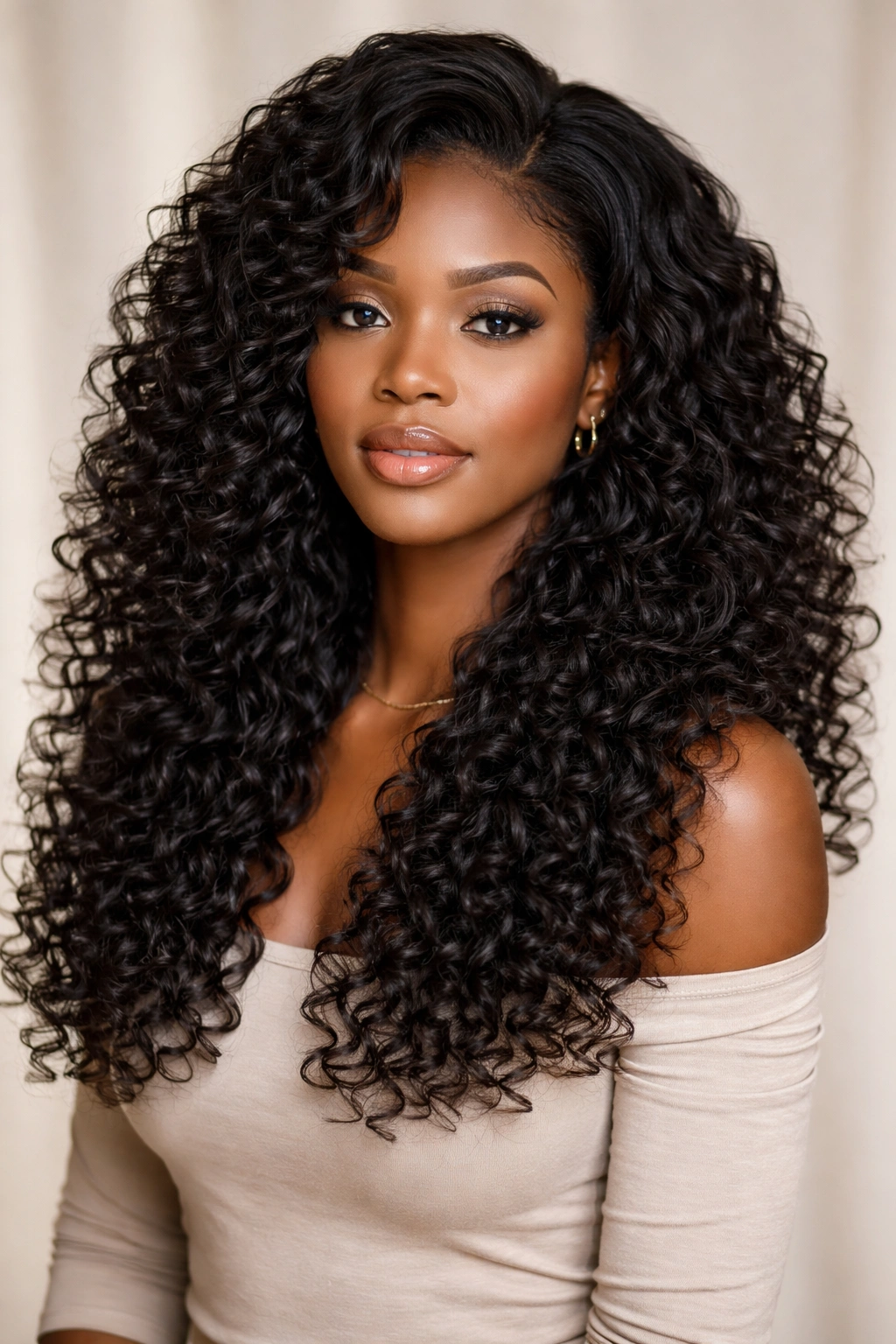 Layered U-shape curly clip-in hairstyle with extra volume, front and back view