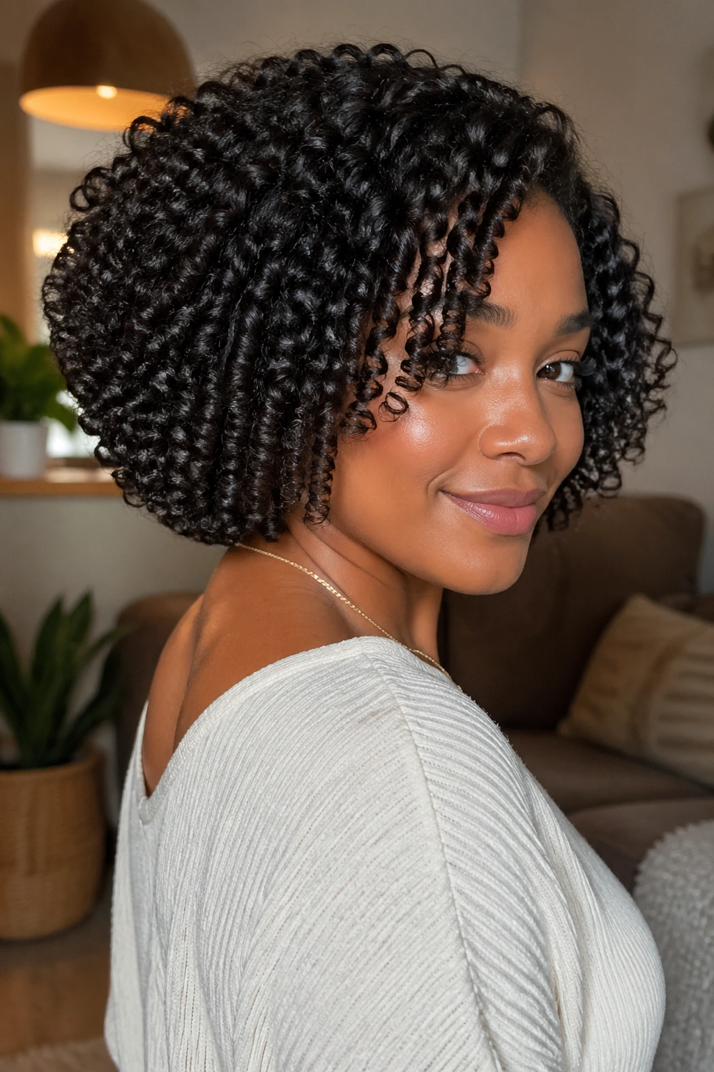 Portrait of a real woman with a curly concave bob holding its shape