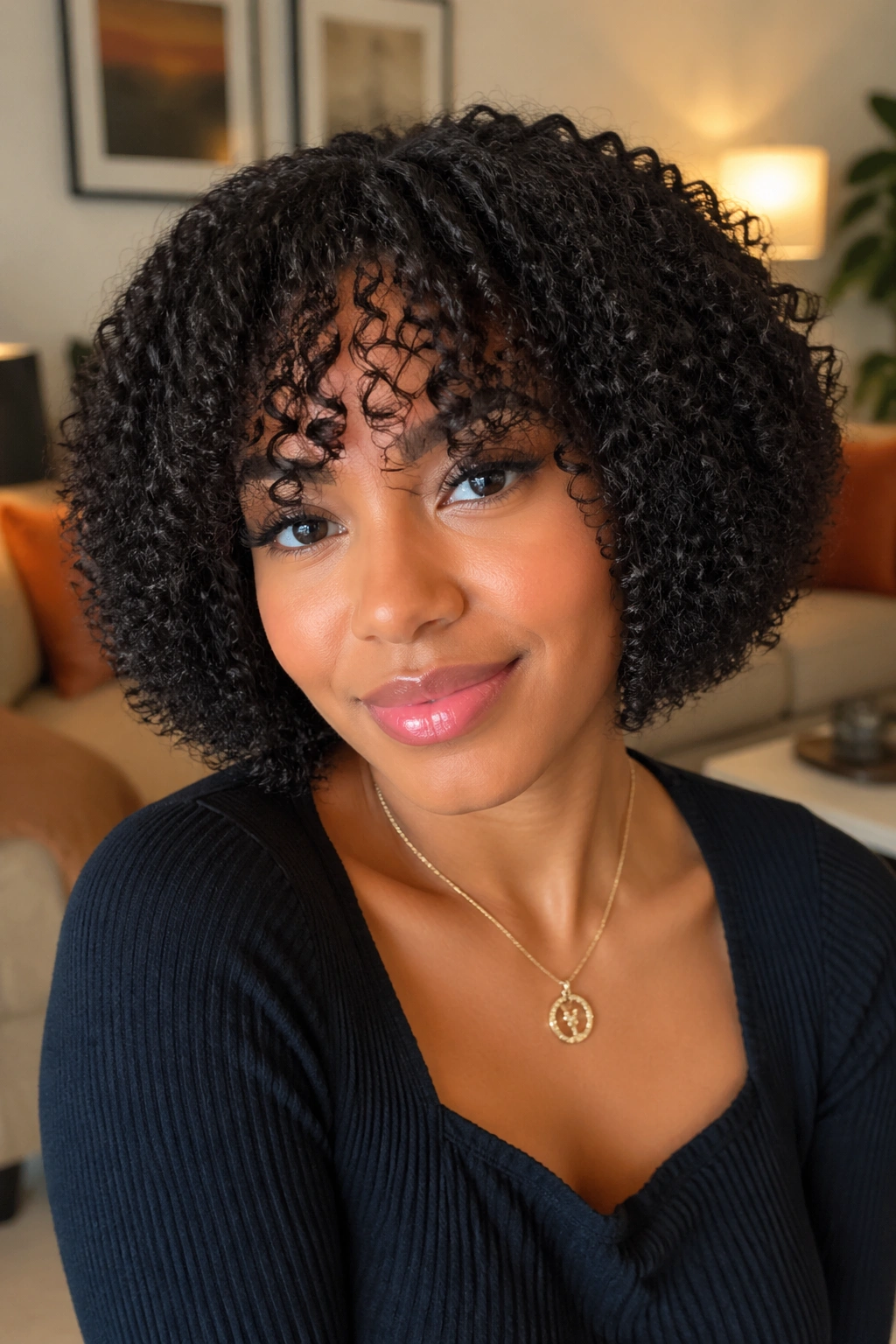 Portrait of a real person with a curly crochet bob and soft fringe
