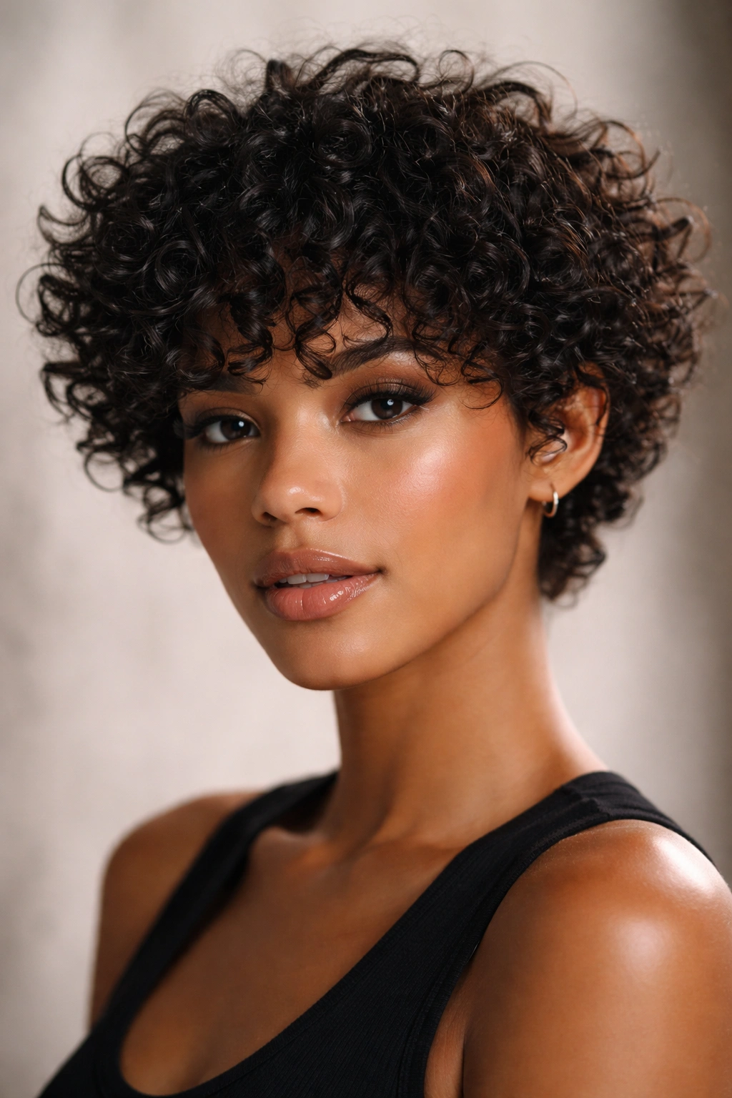 Curly crop with bangs showing springy fringe texture