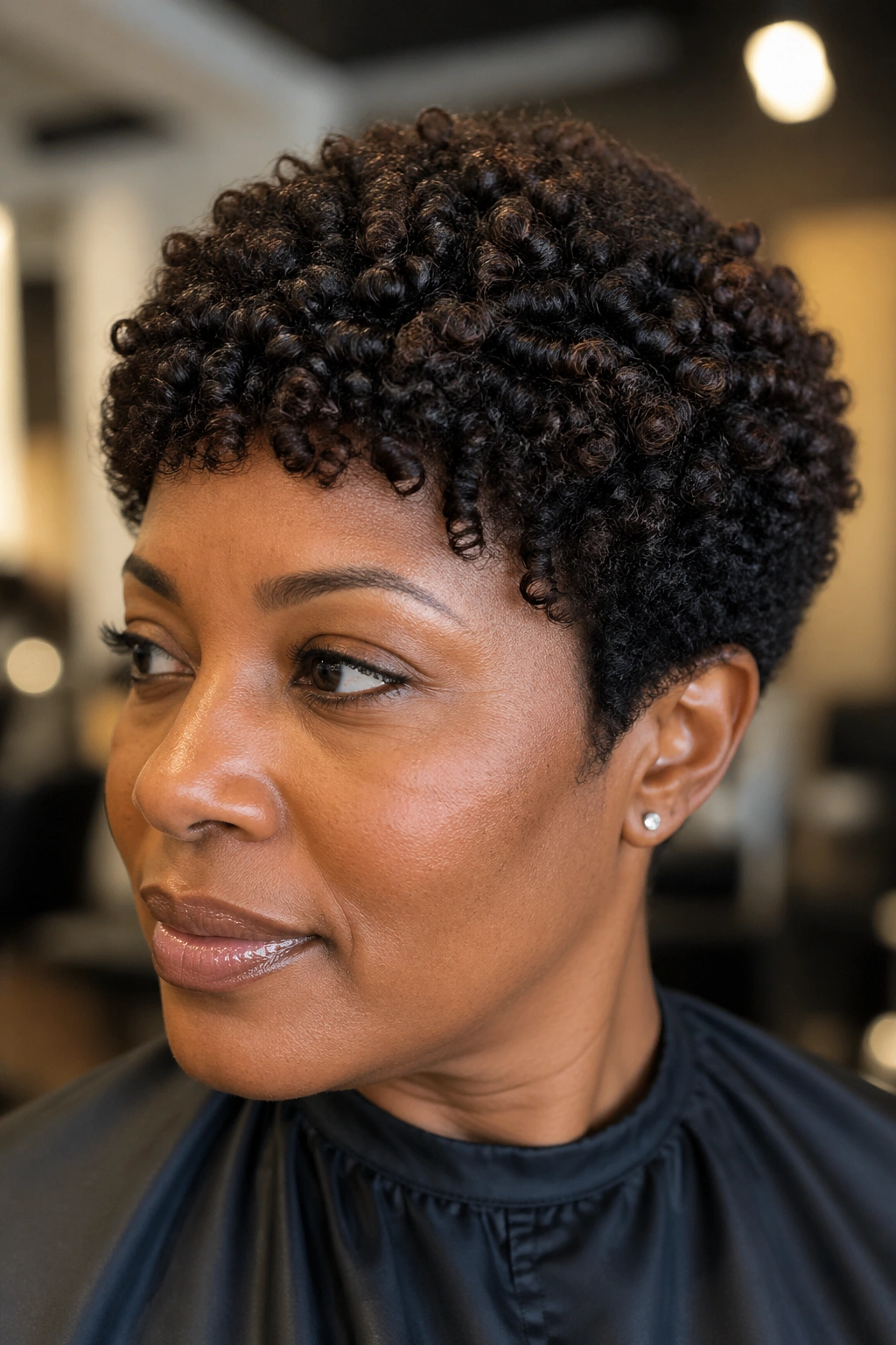 Close-up of a rounded curly crop with blunt ends on a real person