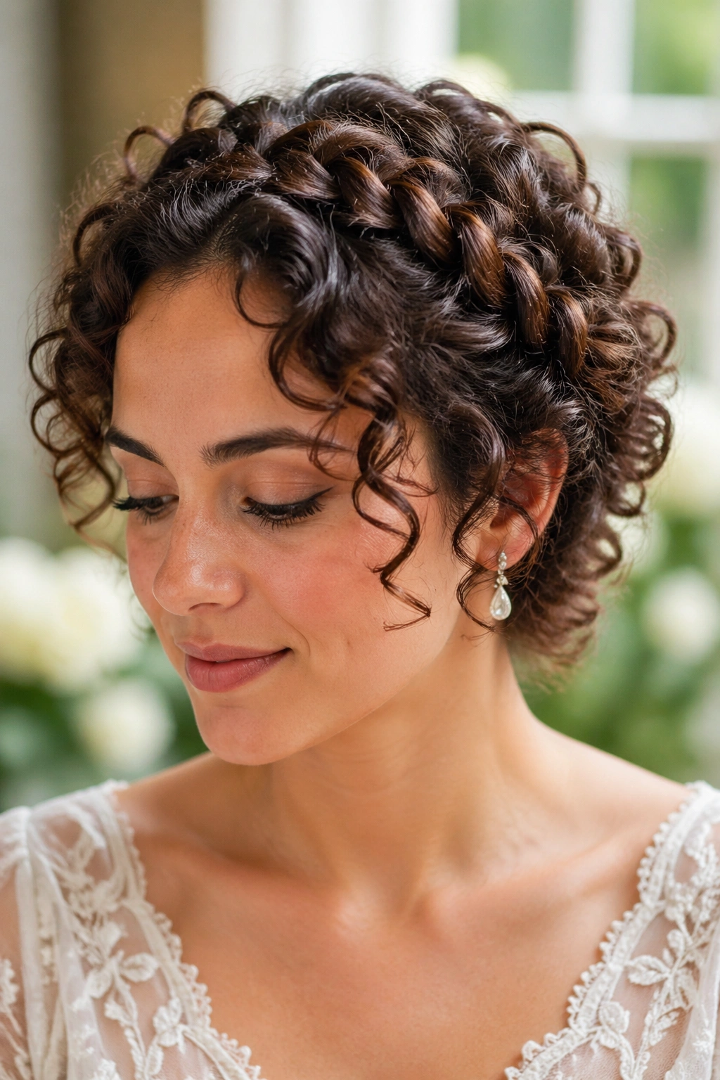 Close-up of a real bride with a crown halo braid on short curls
