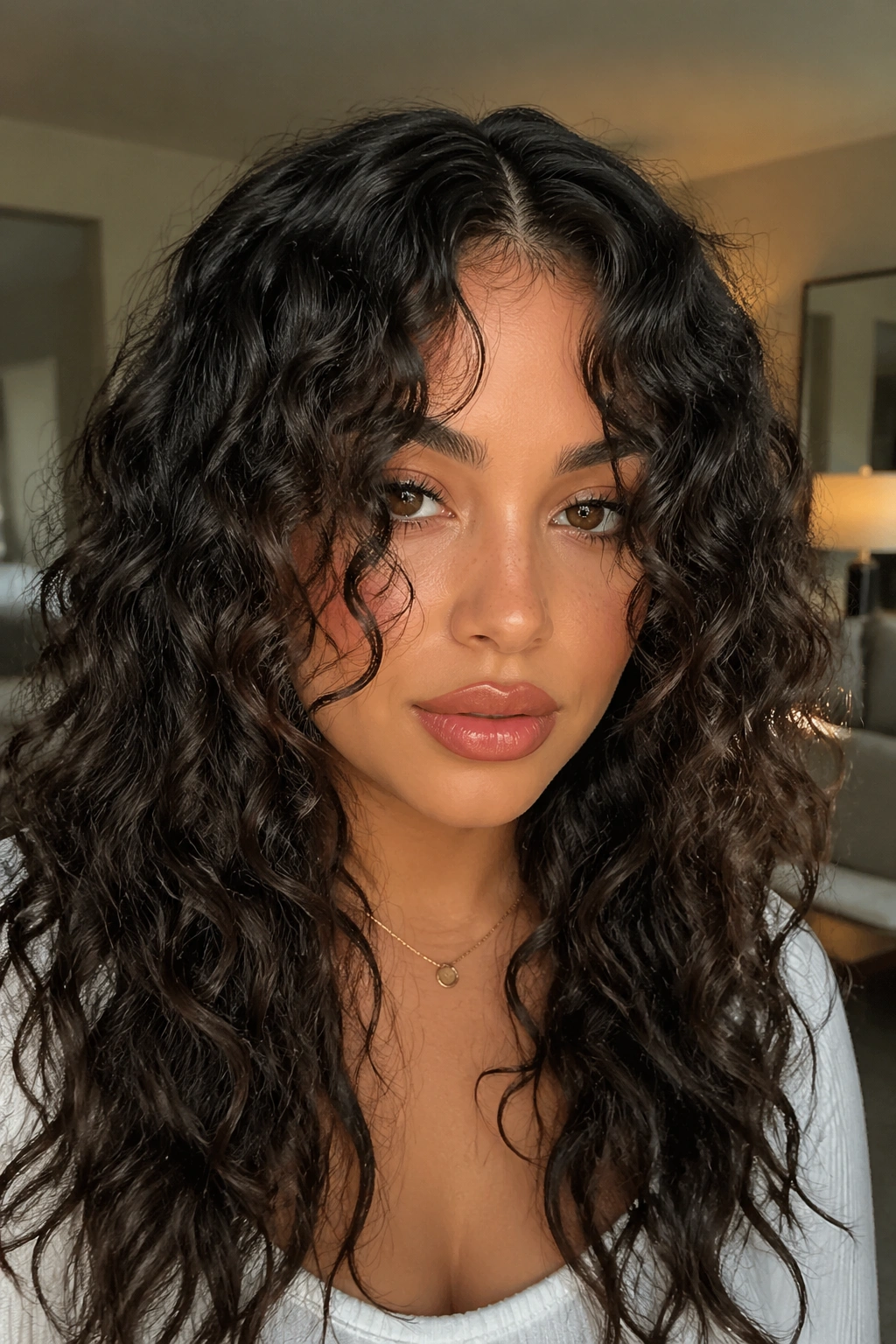 Close-up of a real person with curly curtain bangs framing a center part