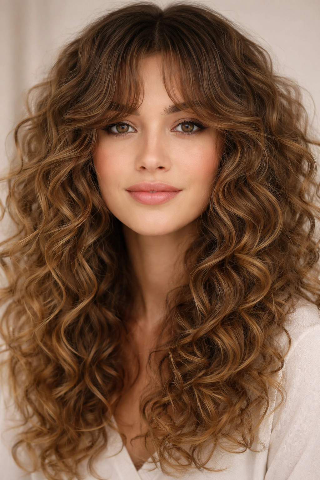 Close-up of curly curtain bangs blending into the rest of the hair