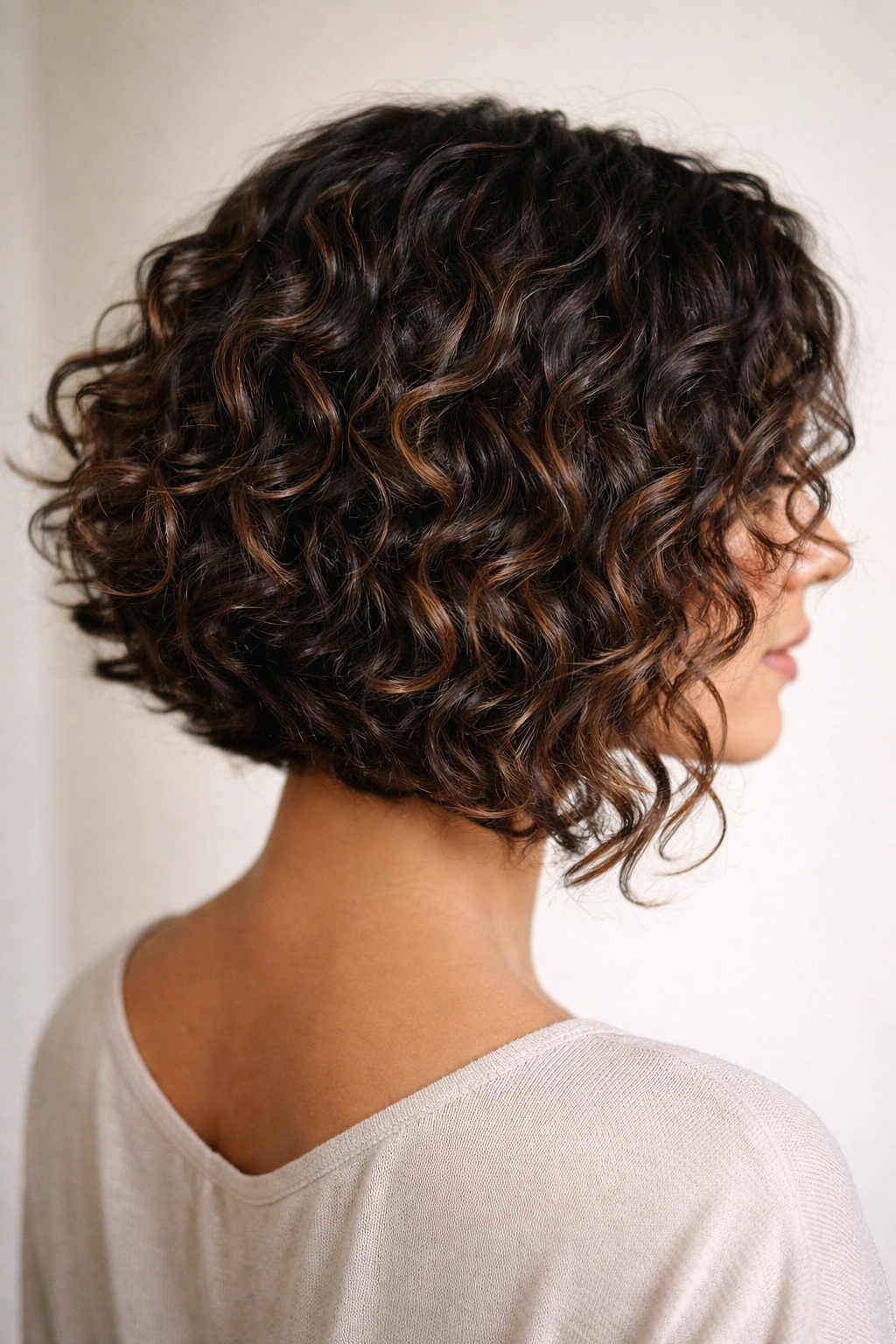 Close-up of curly diagonal bob showing springy curls and soft arc