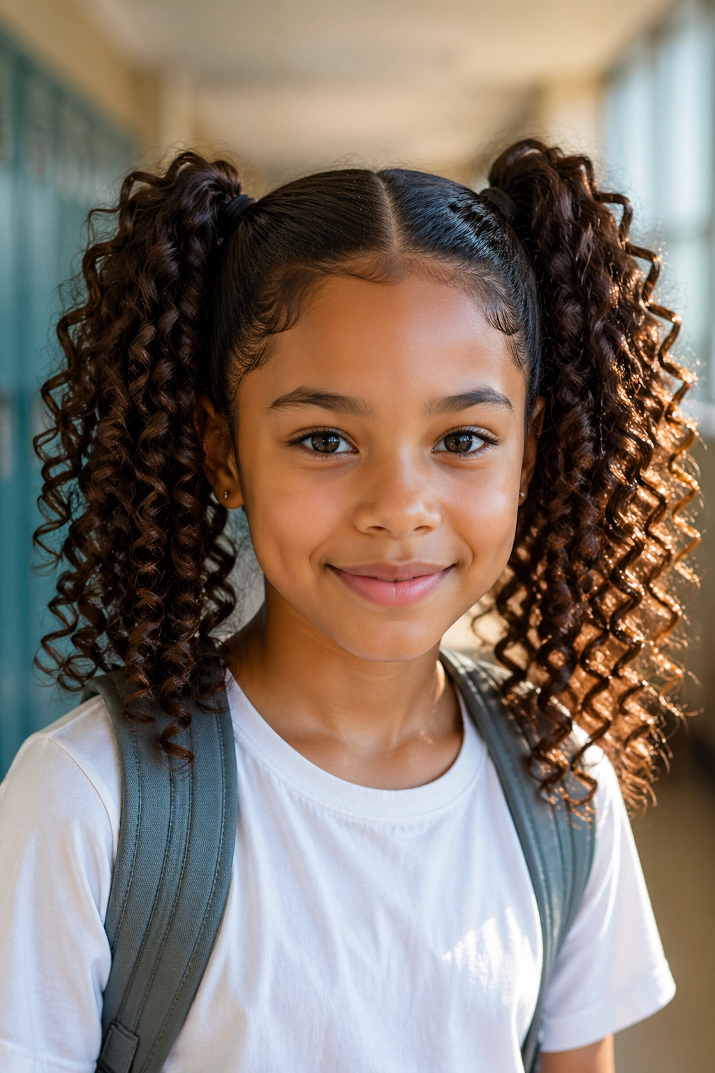 Close-up portrait of a real student with curly double ponytails and visible bounce.