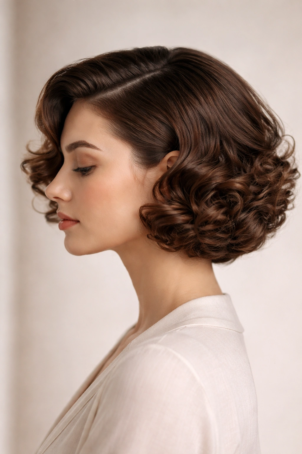 Close-up of curly faux bob with tucked ends and smooth top