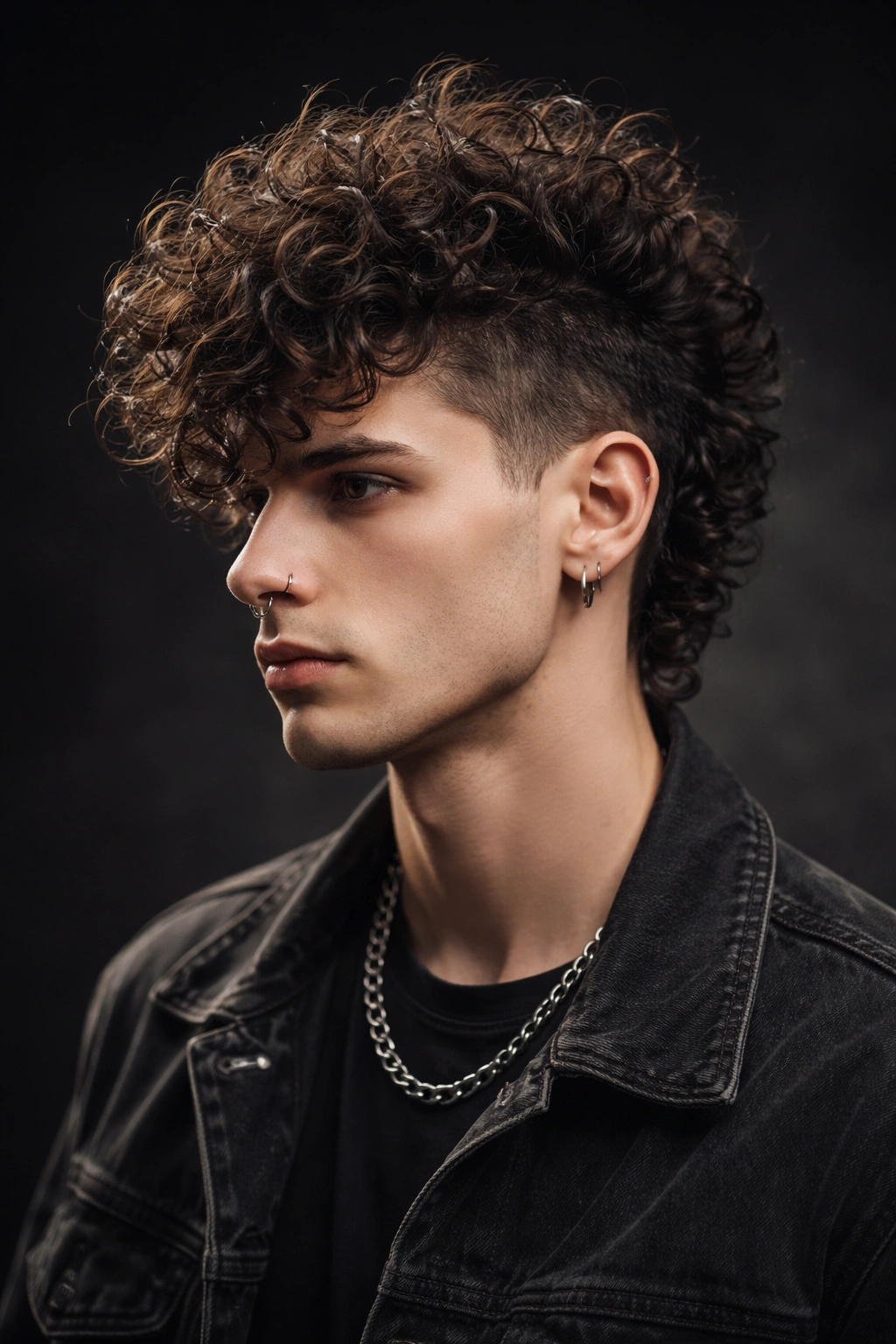 Curly faux hawk with tall center ridge and tapered sides on a headshot.