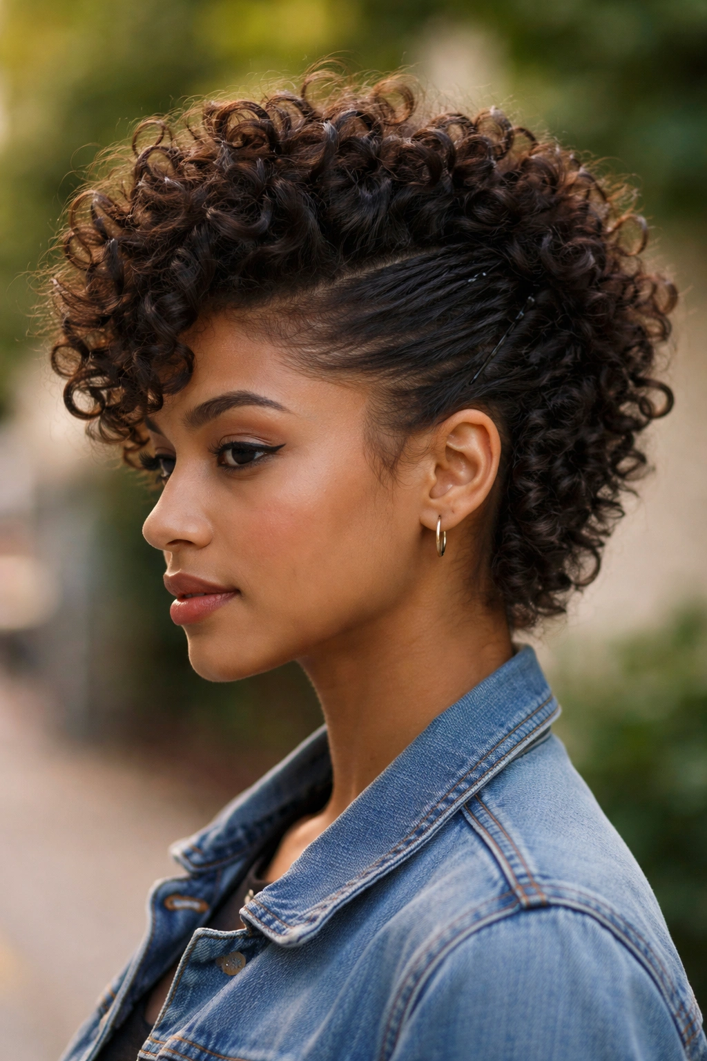 Short curly faux hawk with pinned sides