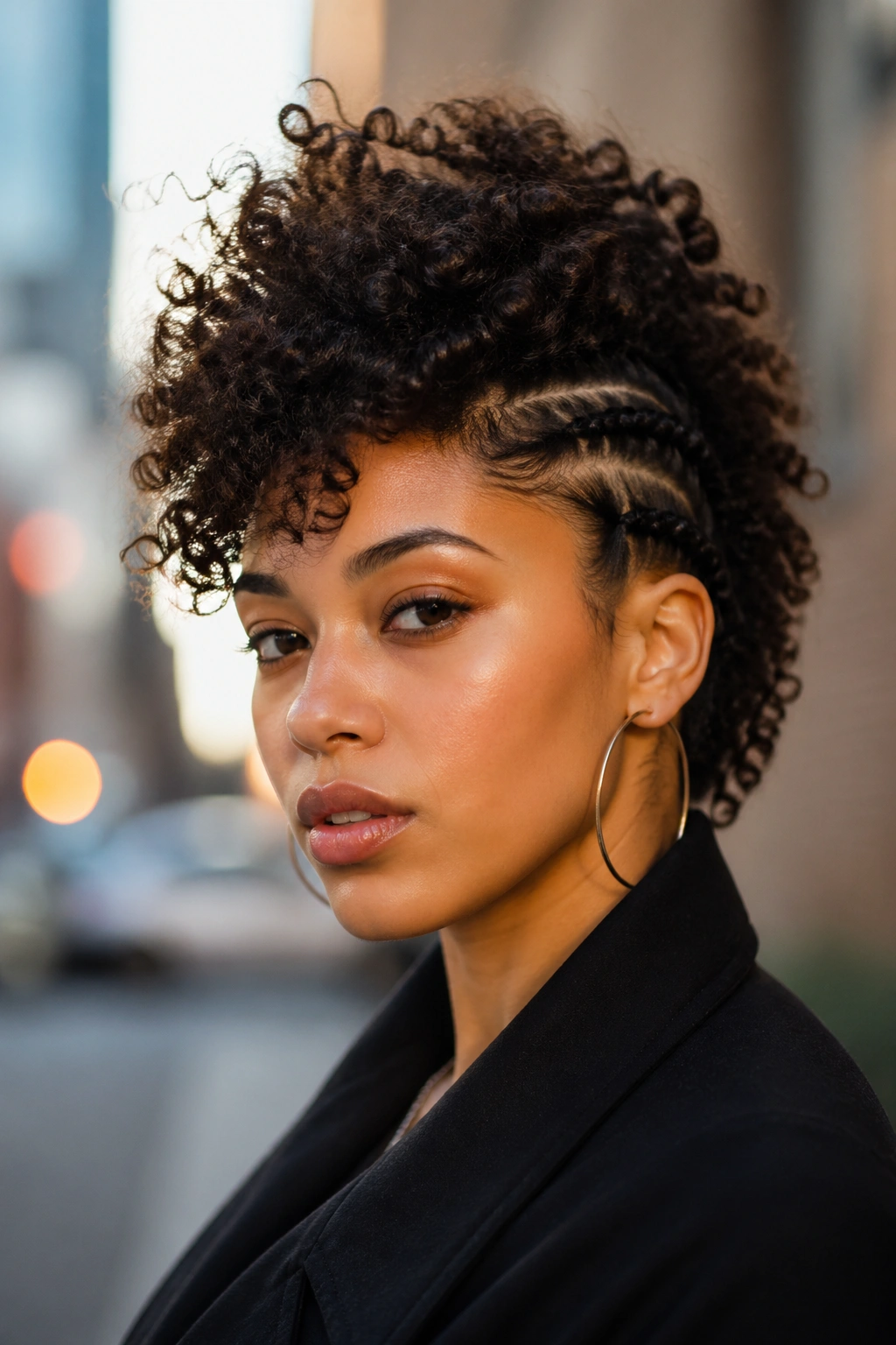 Real person with curly faux hawk hairstyle, sides pinned, urban backdrop.
