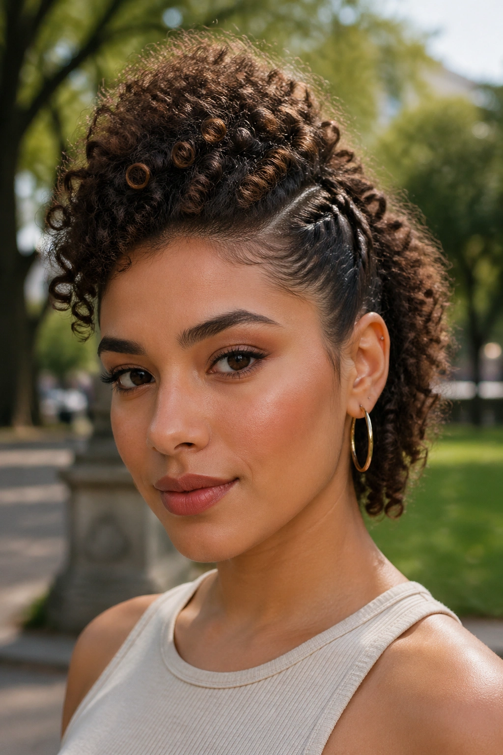 Profile of real person with curly faux hawk hairstyle in natural daylight outdoors