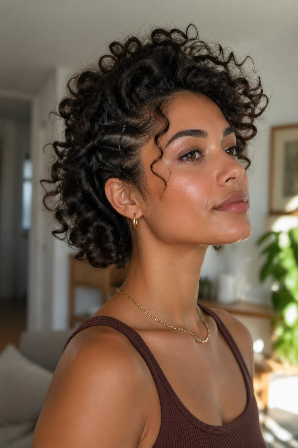 Portrait of a real woman with a curly bob styled into a curly faux hawk with soft edges