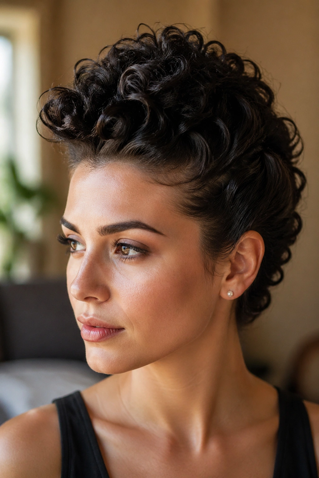 Close-up of a real person with a curly faux hawk ridge from forehead to nape