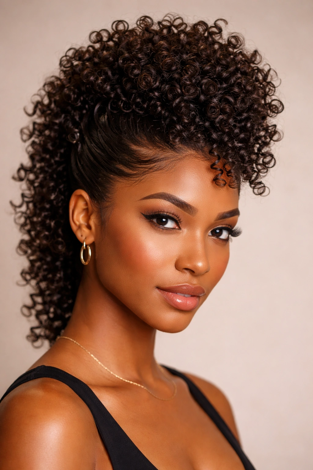 Curly faux hawk with sleek sides and full center ridge.