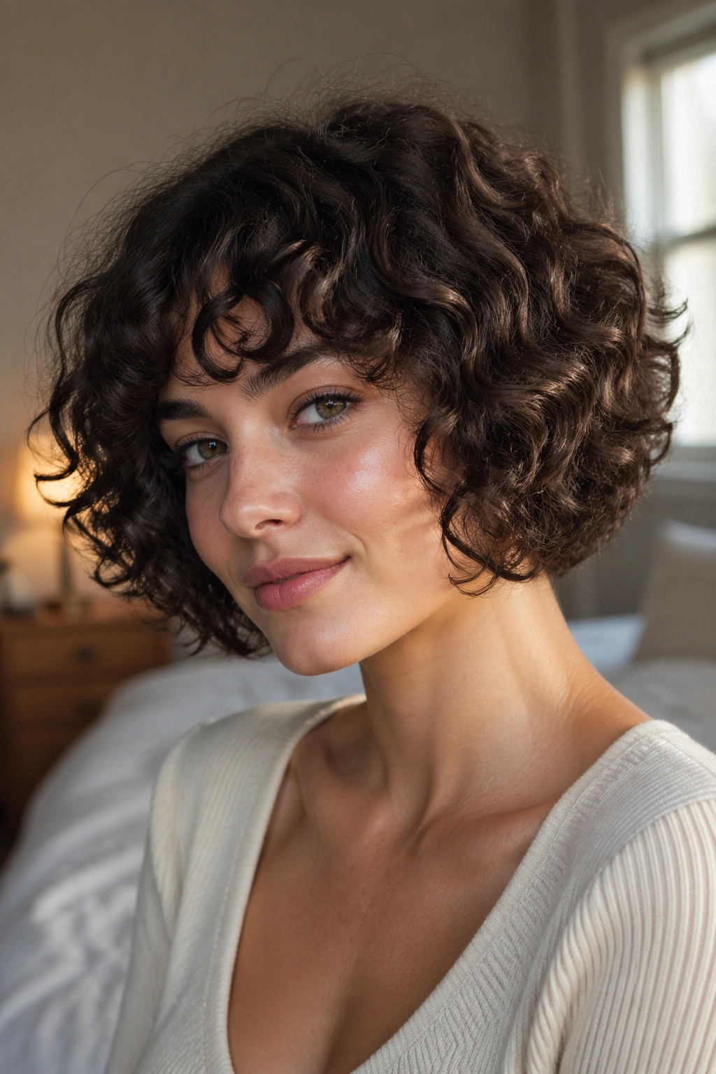 Close-up portrait of a real woman with a jaw-length curly French bob in soft window light