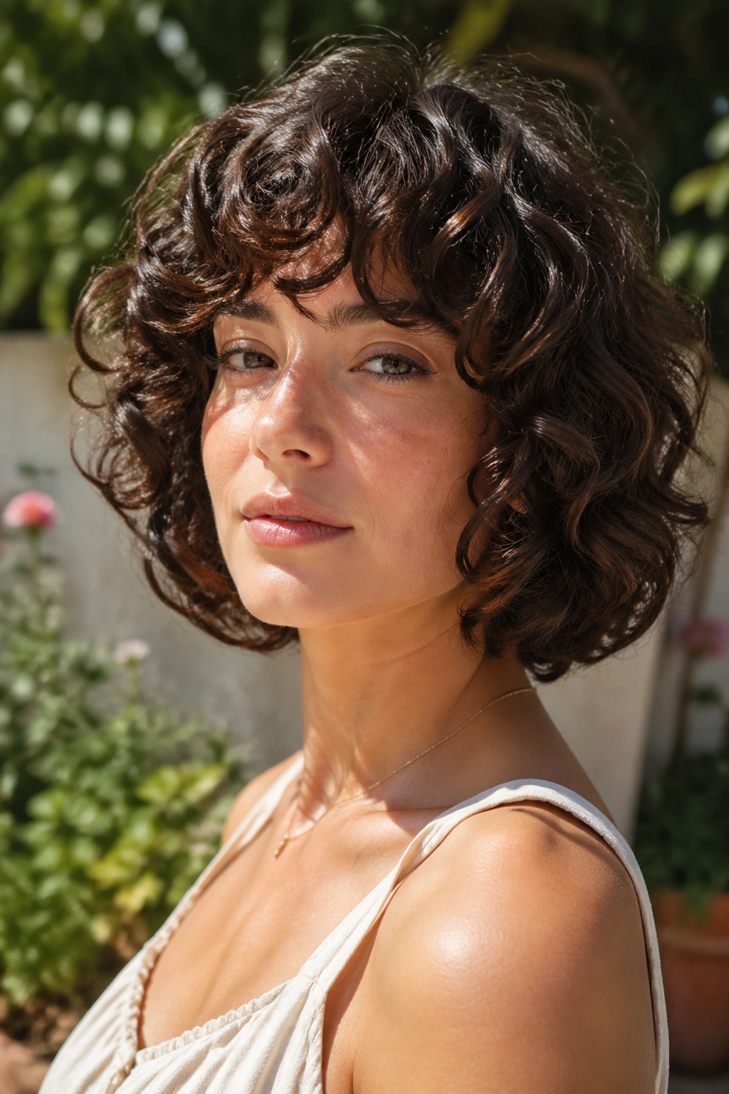 Close-up of a real woman with The Curly French Bob Wolf Cut with Rounded Ends in a sunny garden