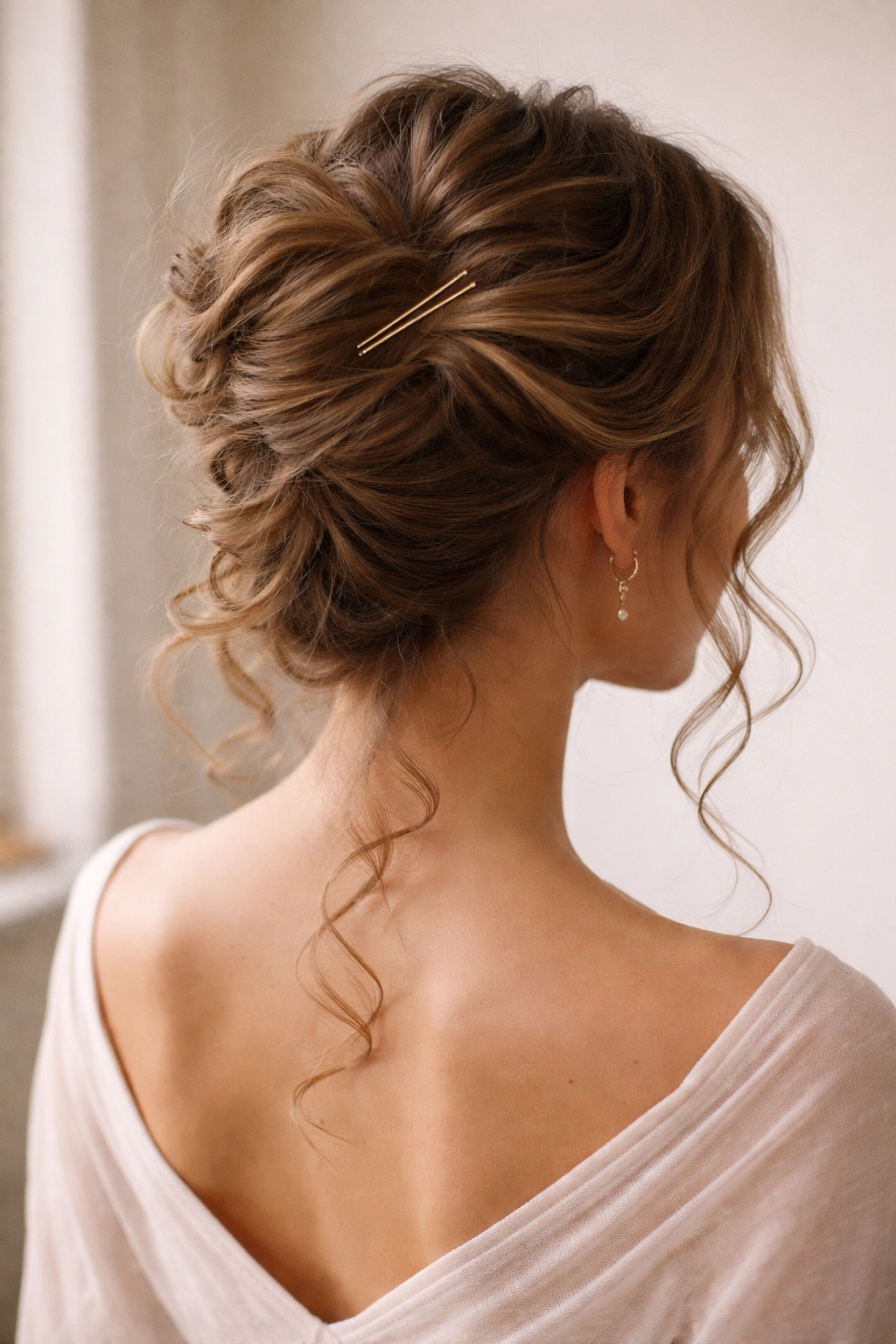 Curly French twist with loose ends and visible curls