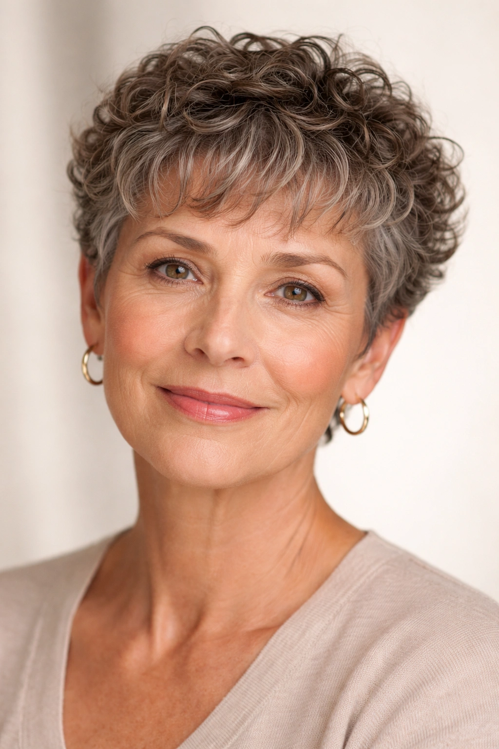 Close-up of a short curly hairstyle with a soft fringe