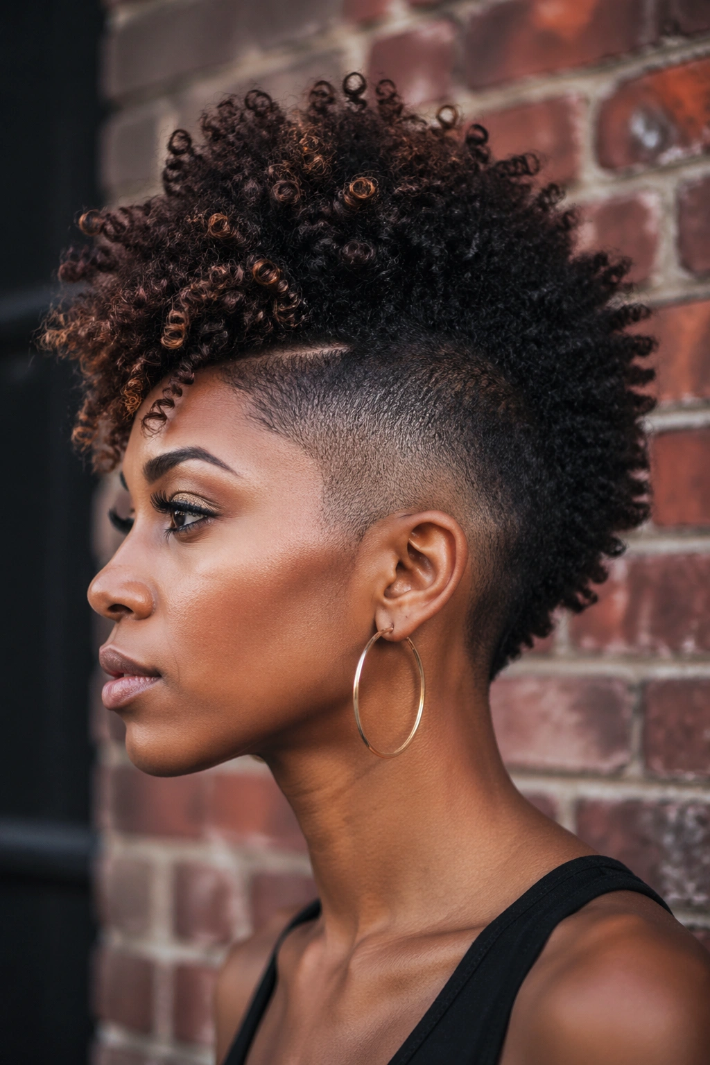 Profile view of a person with a curly frohawk featuring a central ridge and tapered sides