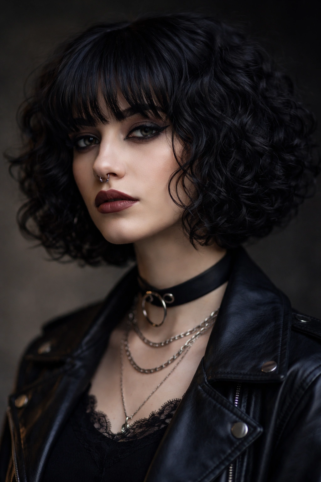 Close-up of a chin-length curly goth bob with blunt fringe and moody texture, studio lighting