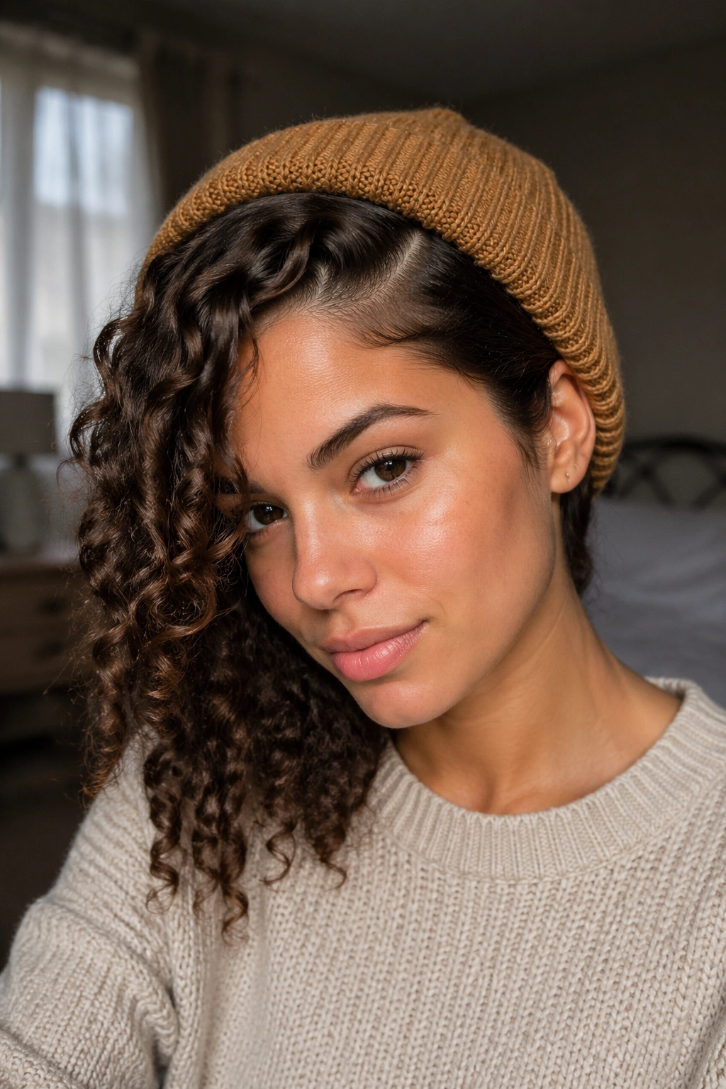 Close-up of a real woman with curly hair under a beanie showing a deep side part and ear tuck.
