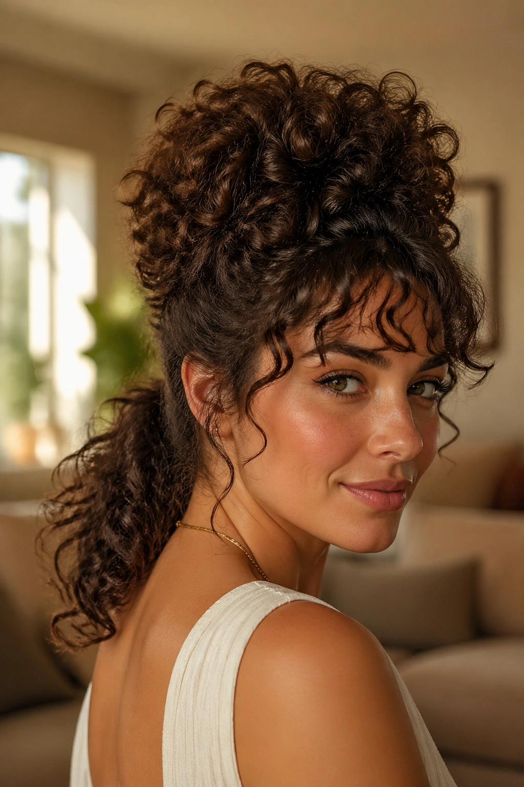 Close-up of a real woman with a curly beehive pony hairstyle, crown lift and soft ponytail, warm window light