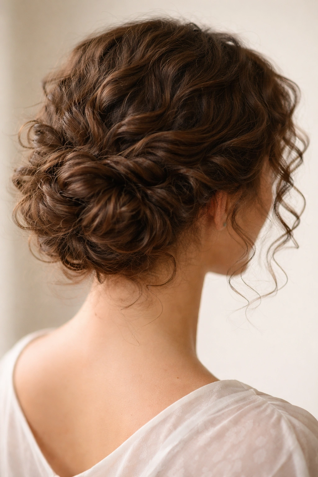 Back view of curly Gibson tuck showing textured curls tucked at the nape