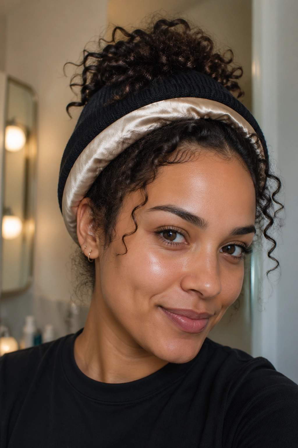 Real person with satin lined beanie showing light prep on curly hair.