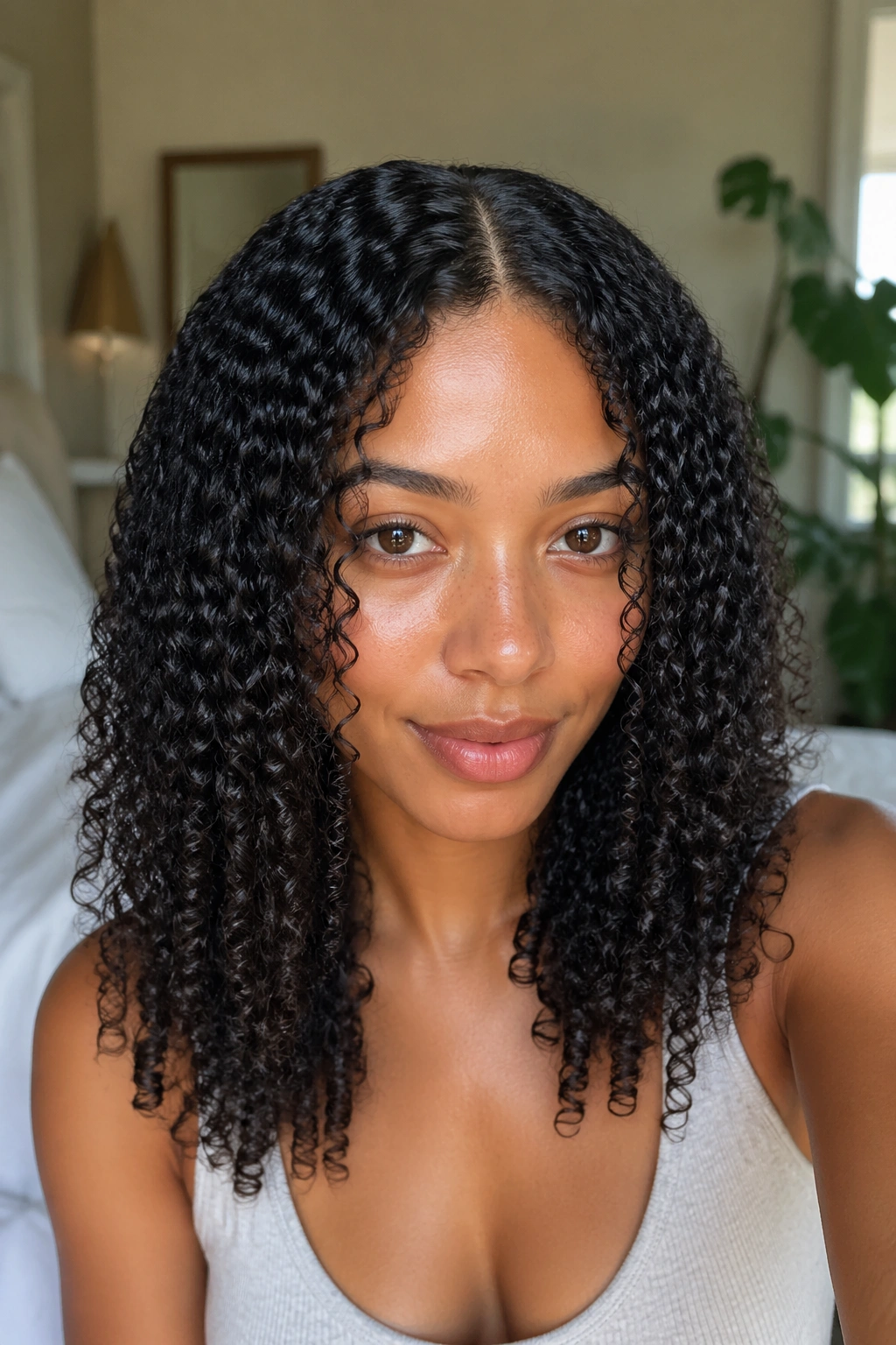 Close-up of a real woman with a classic middle-part wash-and-go and defined curls