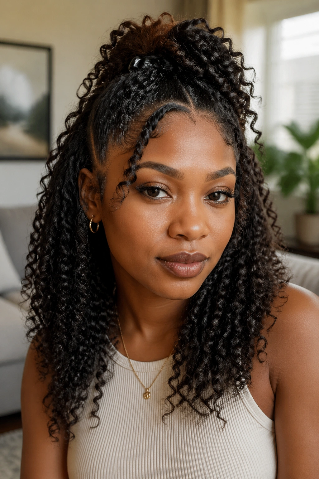 Close-up of a real woman with curly half-up showing defined coils.