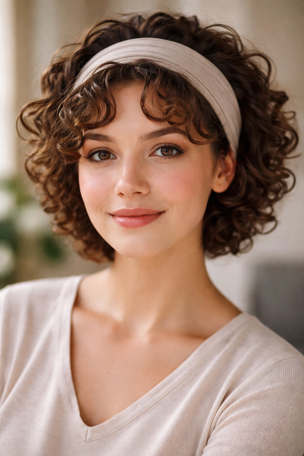 Curly hair tucked behind a wide headband at the hairline