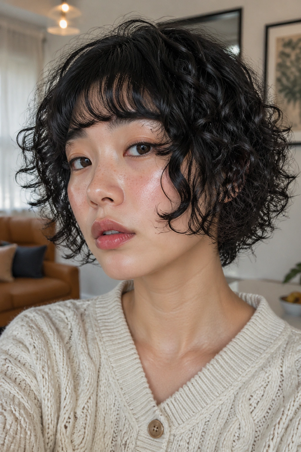 Close-up portrait of a real person with curly hime cut bob showing temple pieces and cheek-framing curls.