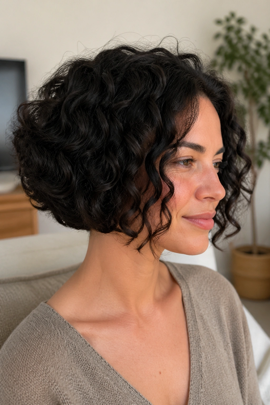 Real woman with curly inverted bob showing rounded silhouette.