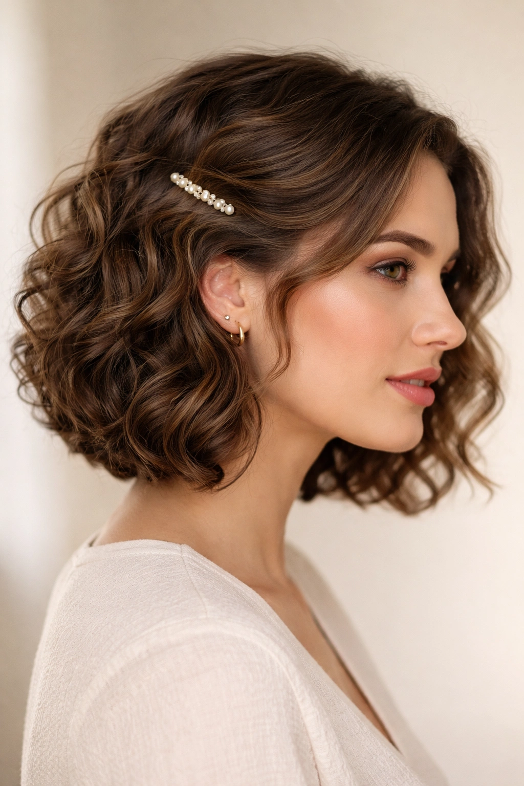 Curly lob with barrette above the ear for a finished look