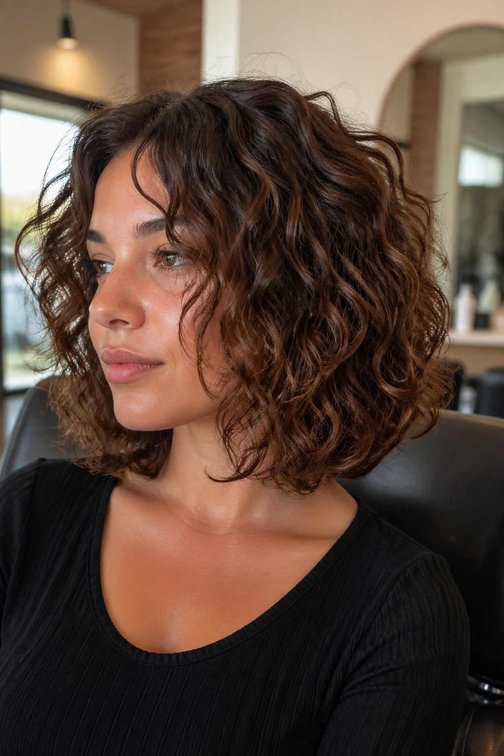 Portrait of a real woman with shoulder-skimming curly lob showing internal layers